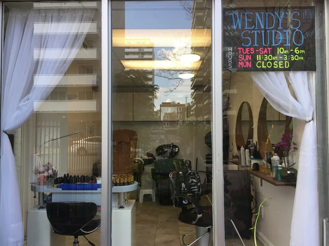 Wendy's Studio storefront window with the hours sign: Tues to Sat 10 to 6, Sun 11:30 to 3:30, Mon closed